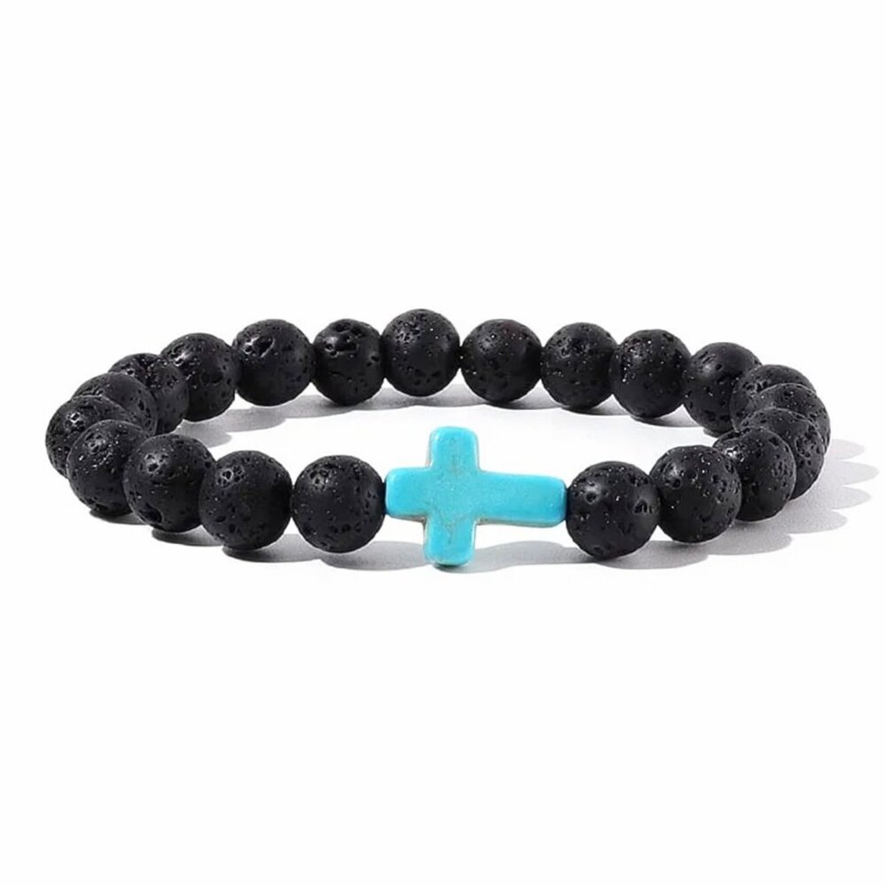 Turquoise Cross Stretch Bracelet Natural Stone Healing Prayer Elastic Unisex